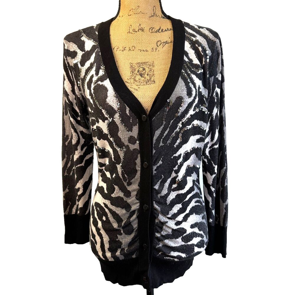 Cache Zebra Print Zip Front Cardigan Sweater Black White V-Neck Womens Small